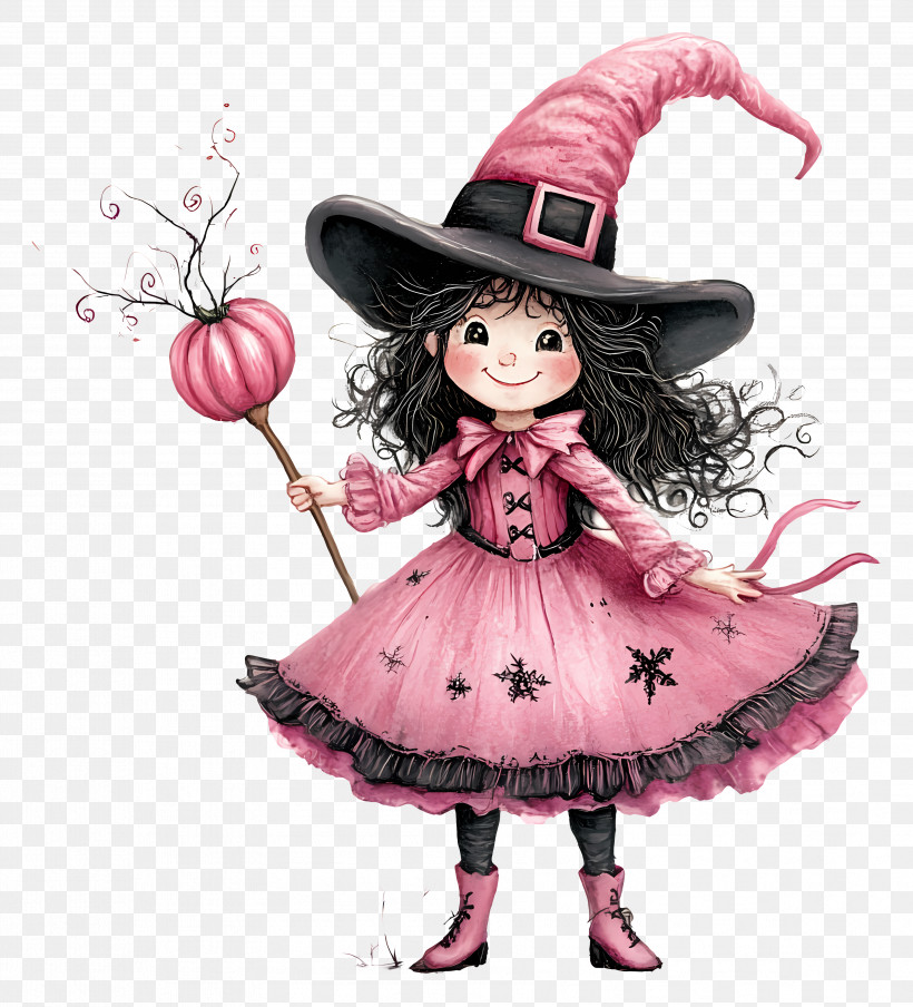 Pink - Cute Pink Witch Cartoon Character PNG
