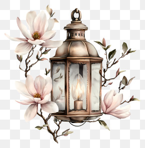 Magnolia Flowers Lantern - Vintage Lantern With Magnolia Flowers PNG