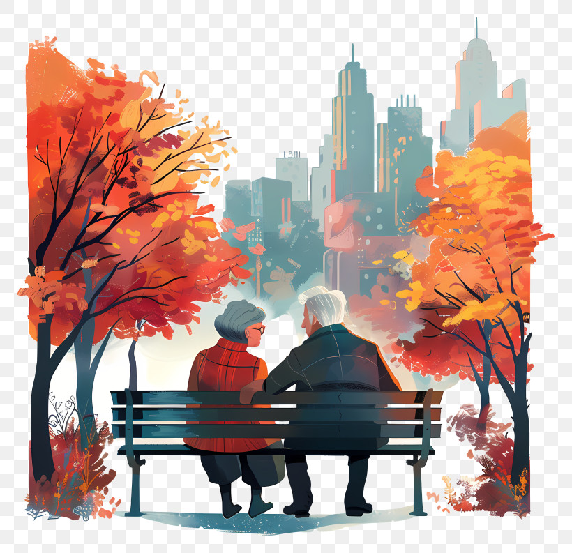 Elderly Couple Sitting - Elderly Couple In Park With Cityscape PNG