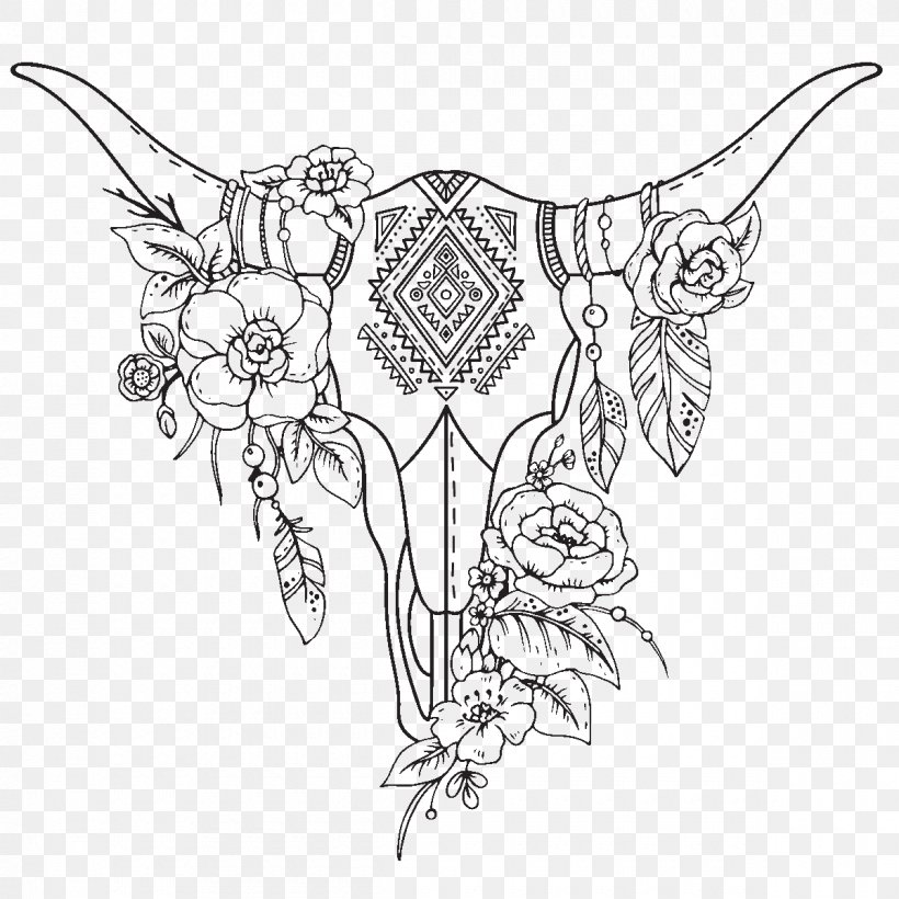 Cattle Drawing Skull Flower, PNG, 1200x1200px, Cattle, Art, Artwork, Bird, Black And White Download Free