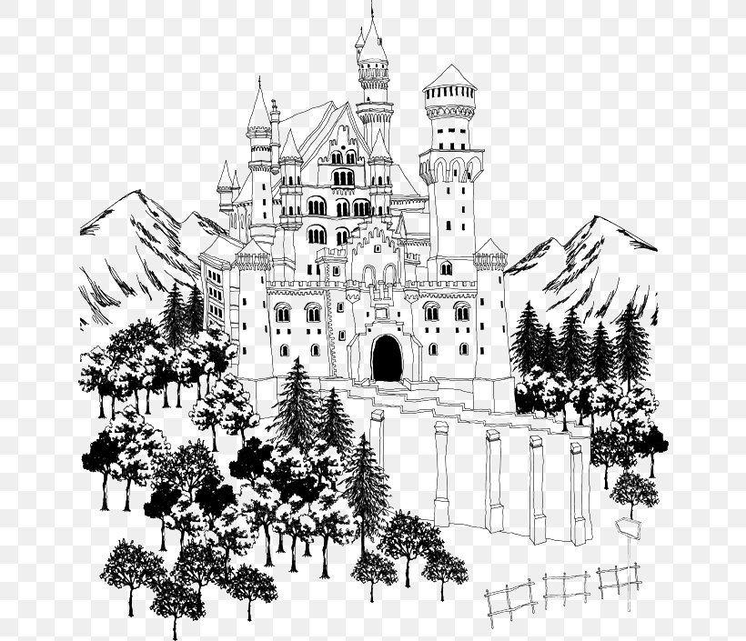 Black And White Architecture Drawing, PNG, 650x705px, Black And White, Architecture, Art, Cartoon, Castle Download Free