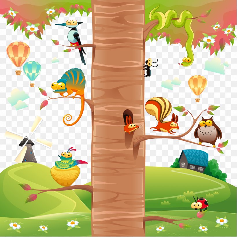 Tree Cute Animals Vector Material, PNG, 1800x1800px, Cartoon, Animal, Art, Games, Grass Download Free