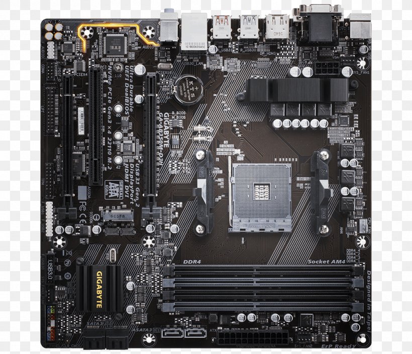 Gigabyte GA-AB350M-HD3 AMD B350 Socket AM4 Motherboard Gigabyte GA-AB350M-HD3 AMD B350 Socket AM4 Motherboard MicroATX DDR4 SDRAM, PNG, 1000x860px, Socket Am4, Advanced Micro Devices, Atx, Computer Accessory, Computer Component Download Free