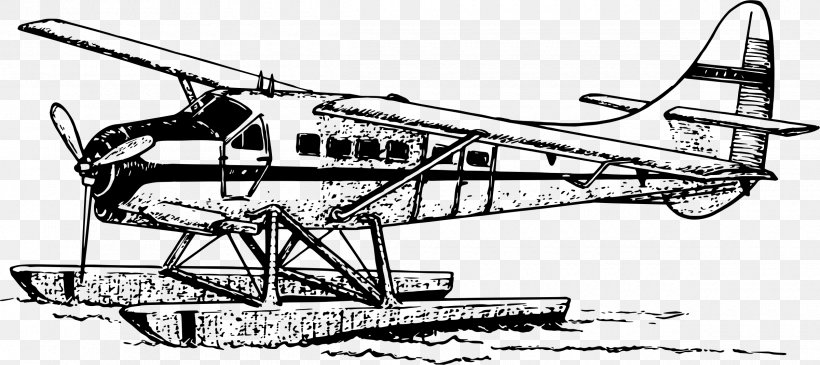 Airplane Aircraft Seaplane Line Art, PNG, 2400x1070px, Airplane, Aircraft, Aviation, Black And White, Drawing Download Free