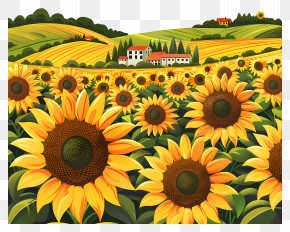 Sunflower Fields - Sunflower Field In A Picturesque Countryside Illustration PNG