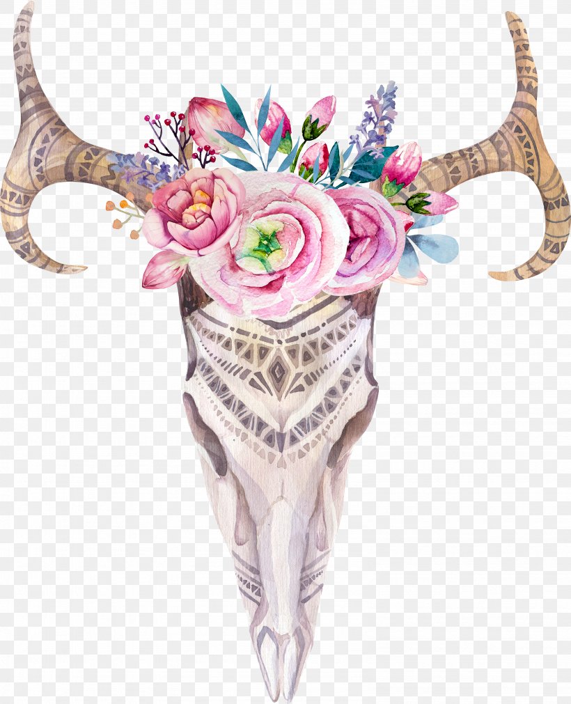 Boho-chic Skull Watercolor Painting Photography, PNG, 3181x3924px, Bohochic, Antler, Art, Drawing, Feather Download Free