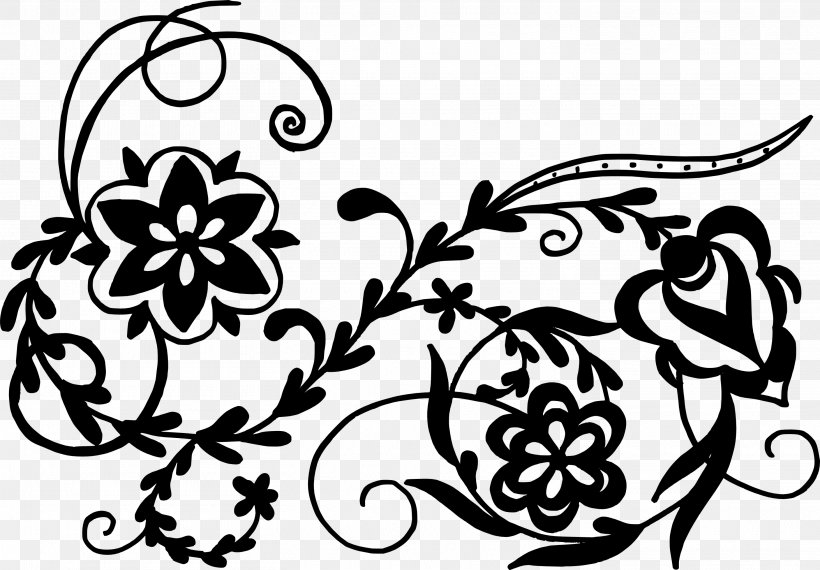 Black And White Flower Art Drawing Floral Design, PNG, 2925x2034px, Black And White, Art, Black, Branch, Drawing Download Free