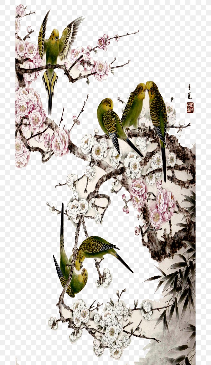 Bird-and-flower Painting Floral Design Gongbi Chinese Painting, PNG, 701x1417px, Bird, Art, Birdandflower Painting, Blossom, Branch Download Free
