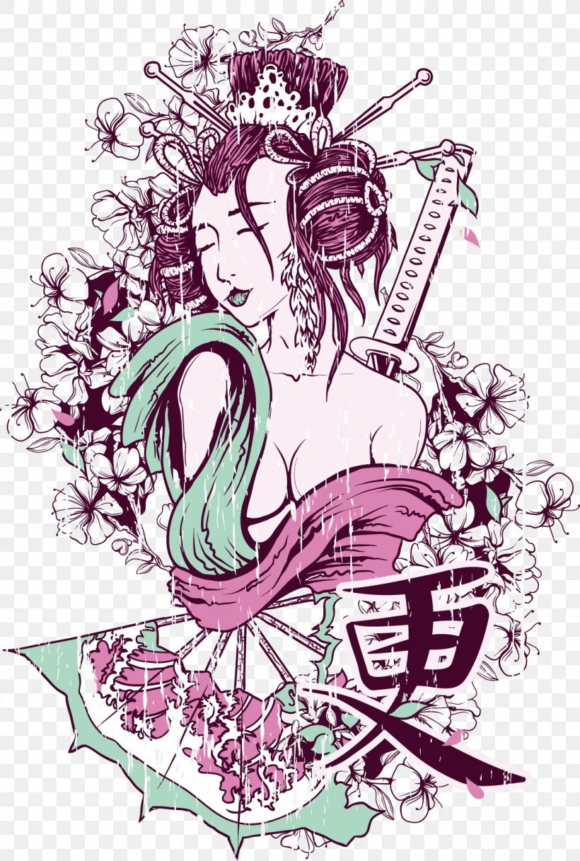 T-shirt Geisha, PNG, 1103x1638px, Watercolor, Cartoon, Flower, Frame, Heart Download Free