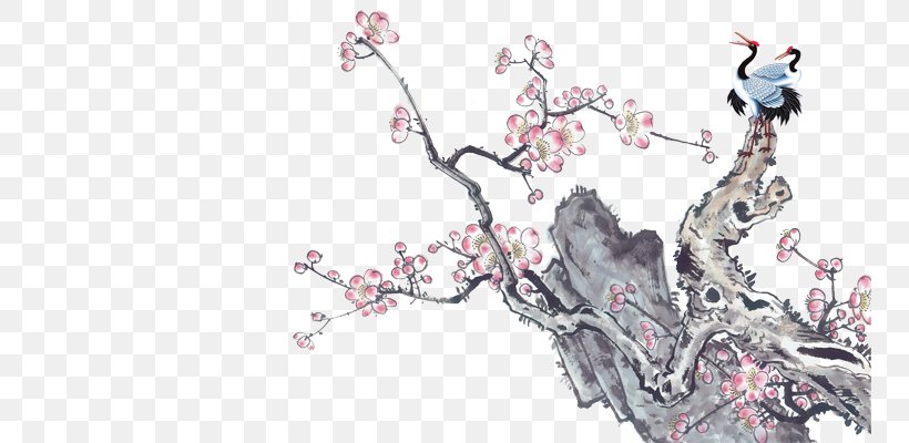 Plum Blossom Illustration, PNG, 800x400px, Plum, Branch, Flower, Ink Wash Painting, Picture Frame Download Free