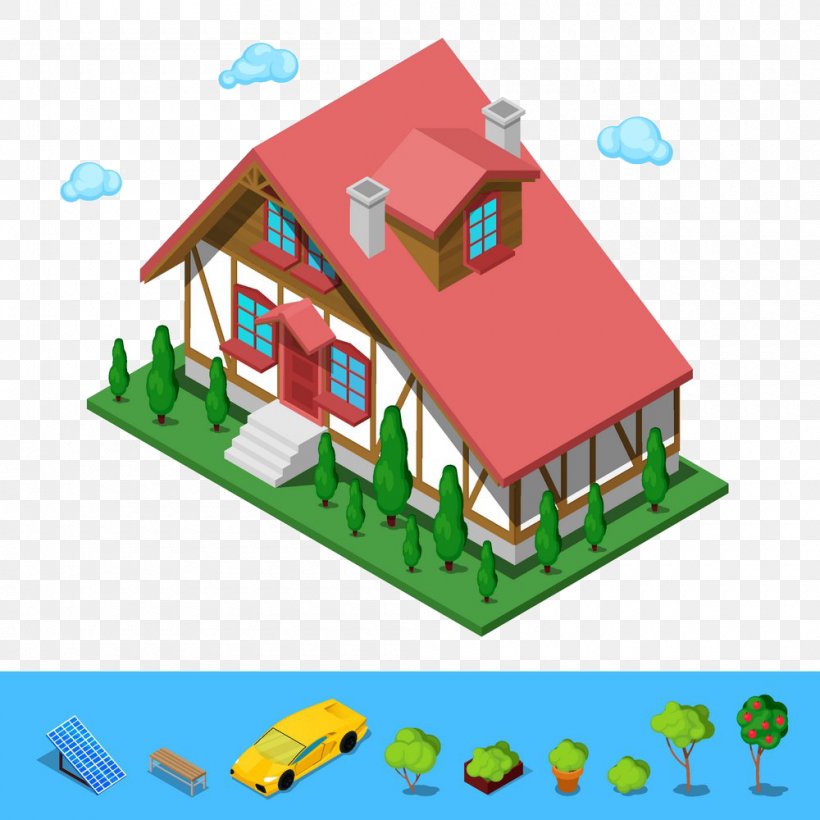 Building Architecture Isometric Projection Illustration, PNG, 1000x1000px, Building, Architecture, Area, Cartoon, Cottage Download Free
