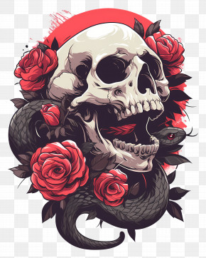 Skull Tattoo - Gothic Skull With Roses And Snake PNG