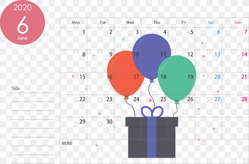 June 2020 Calendar 2020 Calendar, PNG, 3000x1982px, 2020 Calendar, June 2020 Calendar, Balloon, Circle, Colorfulness Download Free