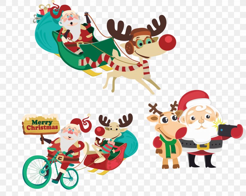Santa And Elk Vector Elements Collection, PNG, 4262x3408px, Santa Claus, Art, Bicycle, Christmas, Christmas Decoration Download Free