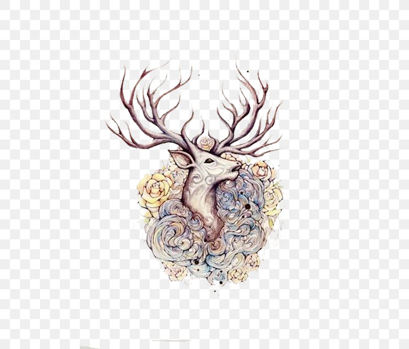 Moose Deer Elk Tattoo Flash, PNG, 500x700px, Watercolor, Cartoon, Flower, Frame, Heart Download Free