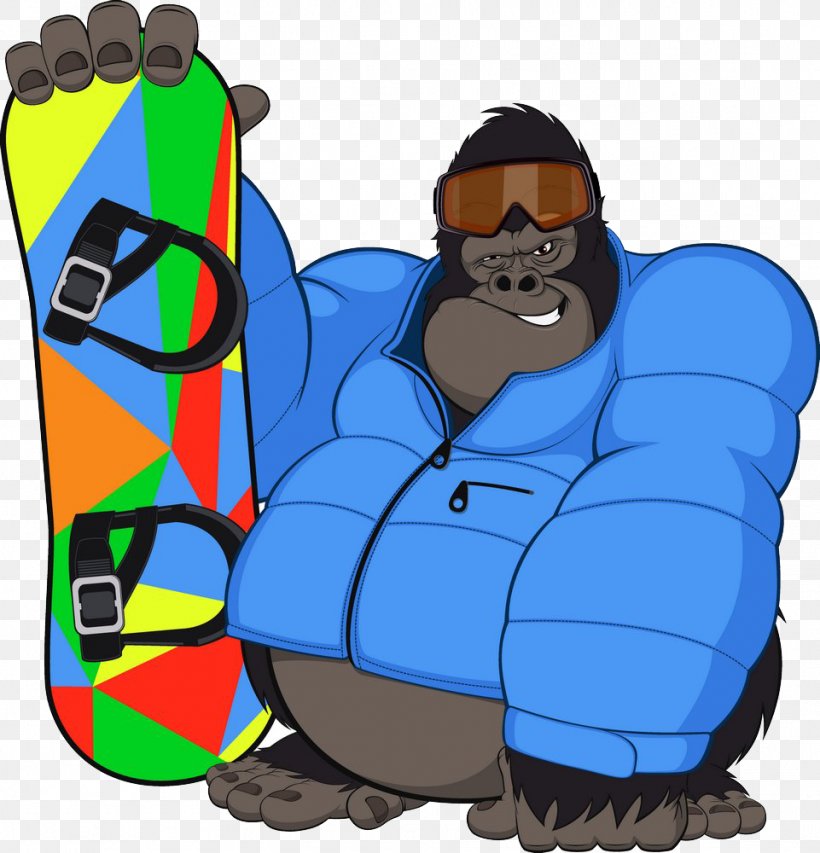Gorilla Orangutan Snowboarding Monkey, PNG, 961x1000px, Gorilla, Art, Cartoon, Cool, Drawing Download Free