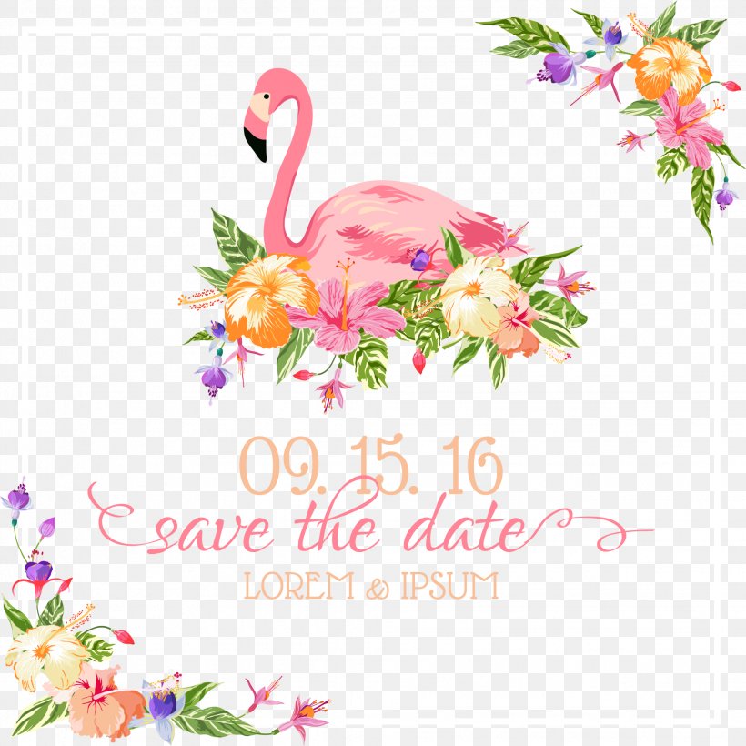 Flamingo Wedding Invitation Euclidean Vector Illustration, PNG, 1942x1944px, Wedding Invitation, Blossom, Branch, Cut Flowers, Flamingo Download Free