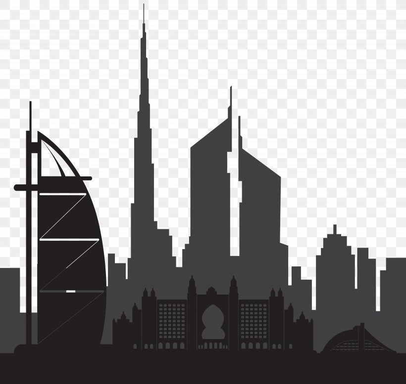 Dubai Skyline Silhouette Clip Art, PNG, 8000x7581px, Dubai, Architecture, Black And White, Building, City Download Free