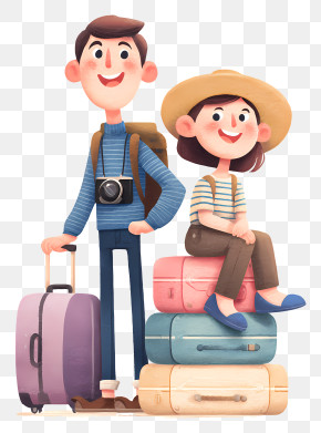 Traveling Couple - Cartoon Couple With Luggage Ready For Travel PNG