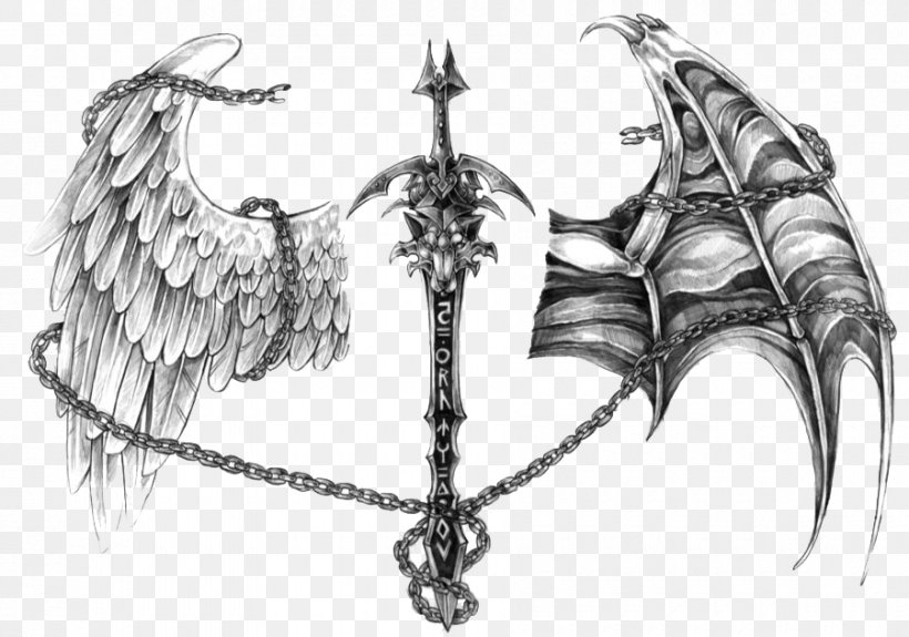 Angel Devil Tattoo Demon Drawing, PNG, 900x632px, Angel, Art, Black And  White, Body Art, Cold Weapon