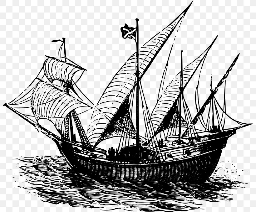 Caravel Sailboat Ship Sailing Clip Art, PNG, 800x677px, Caravel, Baltimore Clipper, Barque, Barquentine, Black And White Download Free