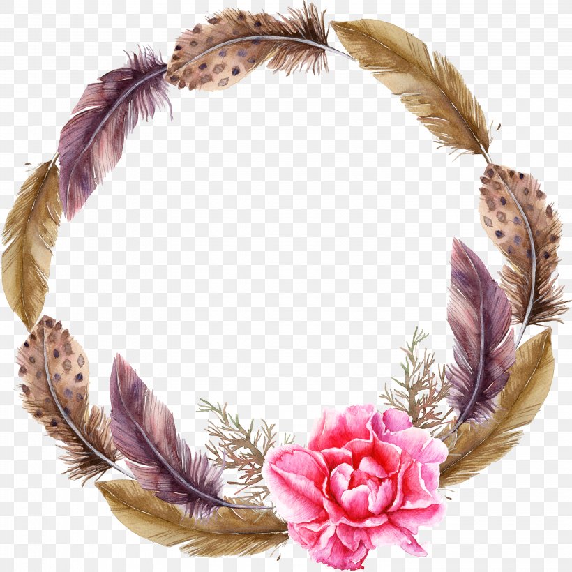 Feather Wreath Watercolor Painting, PNG, 2991x2993px, Feather, Garland, Hair Accessory, Watercolor Painting, Wreath Download Free