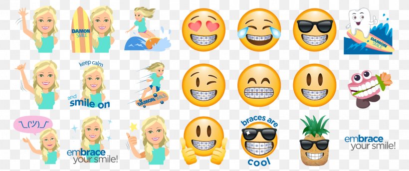Emoji Surfing Fiji Women's Pro 2016 Sticker Damon System, PNG, 1569x658px, Emoji, Damon System, Dental Braces, Orthodontics, Smartphone Download Free