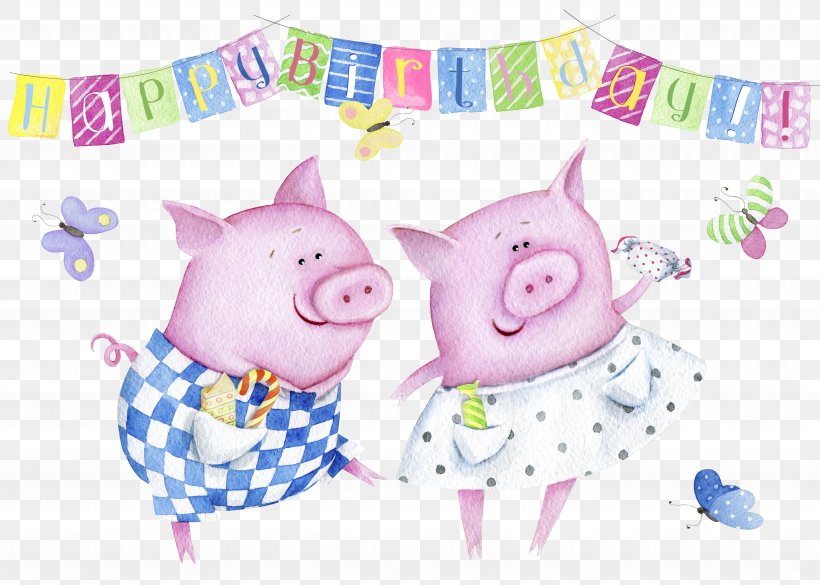 Domestic Pig Wedding Invitation Birthday Greeting Card Illustration, PNG, 8268x5906px, Domestic Pig, Birthday, Gift, Greeting Card, Happy Birthday To You Download Free