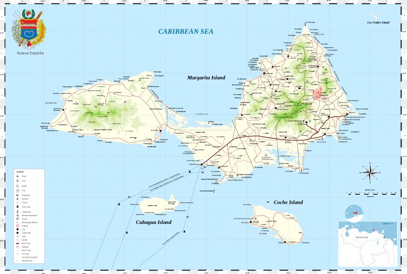 Margarita Island Coche Island Caribbean Map, PNG, 3604x2431px, Margarita Island, Area, Atlas, Border, Caribbean Download Free