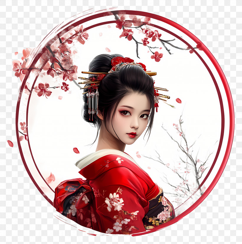 Geisha - Geisha In Red Kimono With Cherry Blossoms, PNG, 4116x4156px ...