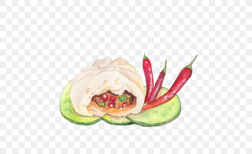 Baozi Veggie Burger Stuffing Watercolor Painting, PNG, 500x500px, Baozi, Bun, Capsicum Annuum, Cucumber, Cuisine Download Free