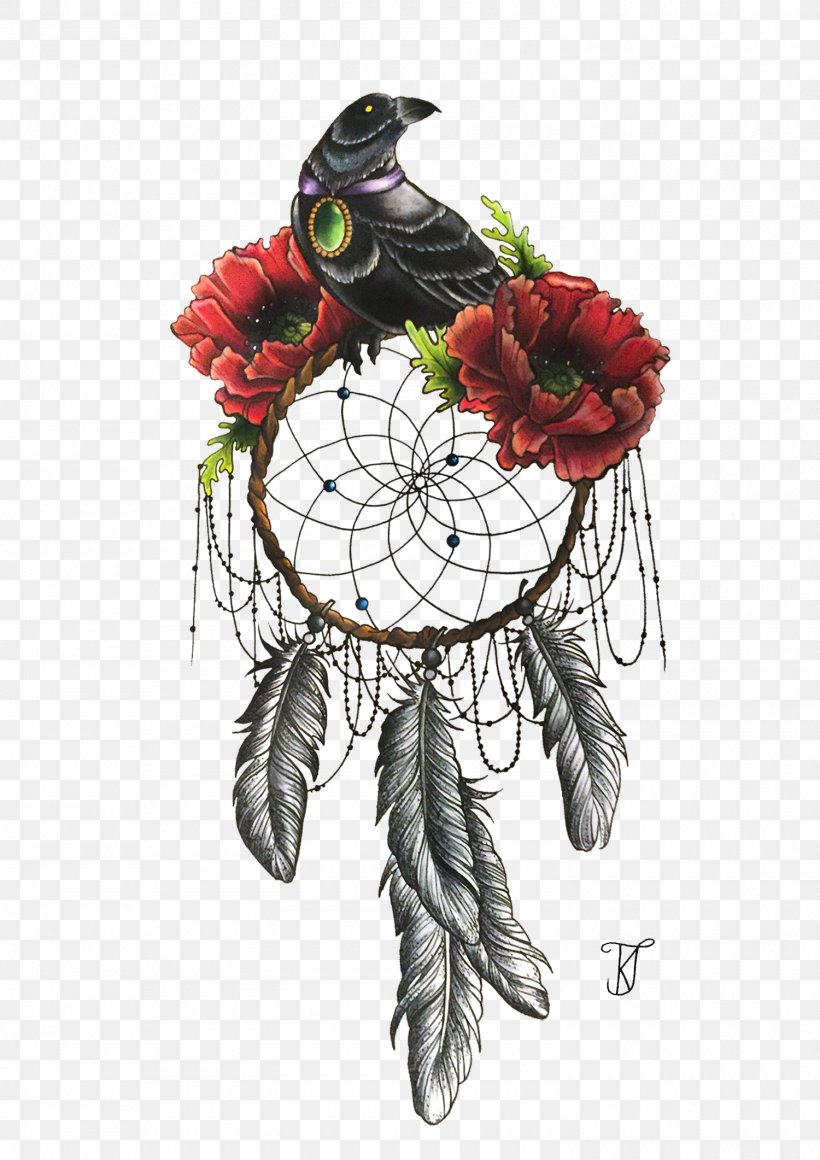 Dreamcatcher Bird Flower Tattoo Poppy, PNG, 1500x2122px, Dreamcatcher, Beak, Bird, Blackandgray, Common Raven Download Free