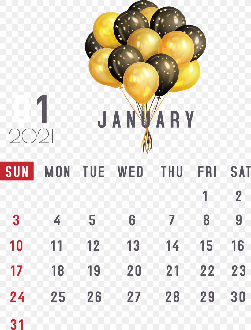 January 2021 Printable Calendar January Calendar, PNG, 2275x3000px, 2021 Calendar, January, Balloon, Birthday, Colored Gold Download Free