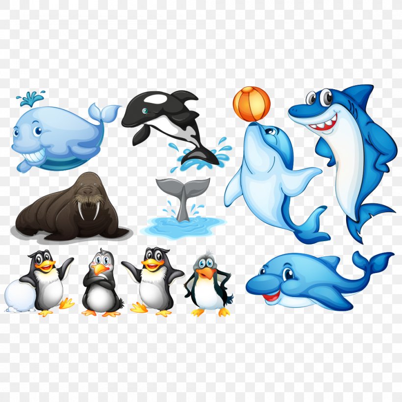 Aquatic Animal Sea Illustration, PNG, 1000x1000px, Aquatic Animal, Animal, Animal Figure, Beak, Bird Download Free