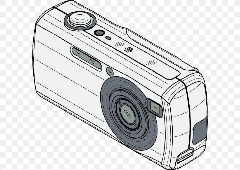 Digital Cameras Drawing Clip Art, PNG, 600x582px, Digital Cameras, Automotive Design, Black And White, Camera, Cylinder Download Free