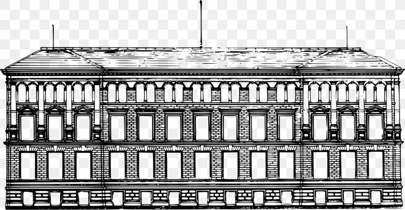 Black And White Facade Architecture Drawing, PNG, 2400x1246px, Black And White, Architect, Architecture, Building, Classical Architecture Download Free