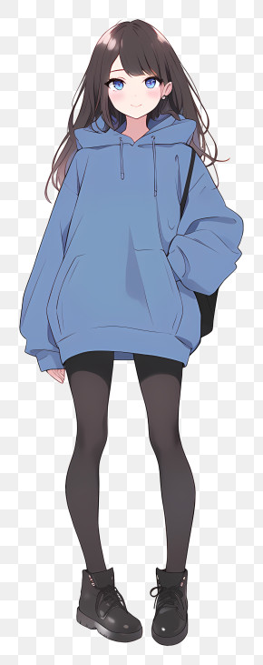 Girl In Blue Hoodie Cartoon PNG