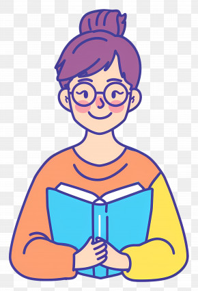 Teacher - Cartoon Girl With Glasses Reading PNG