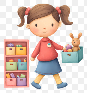 Little Girl Organizing Toys - Cute Girl Organizing Toys With Bunny PNG