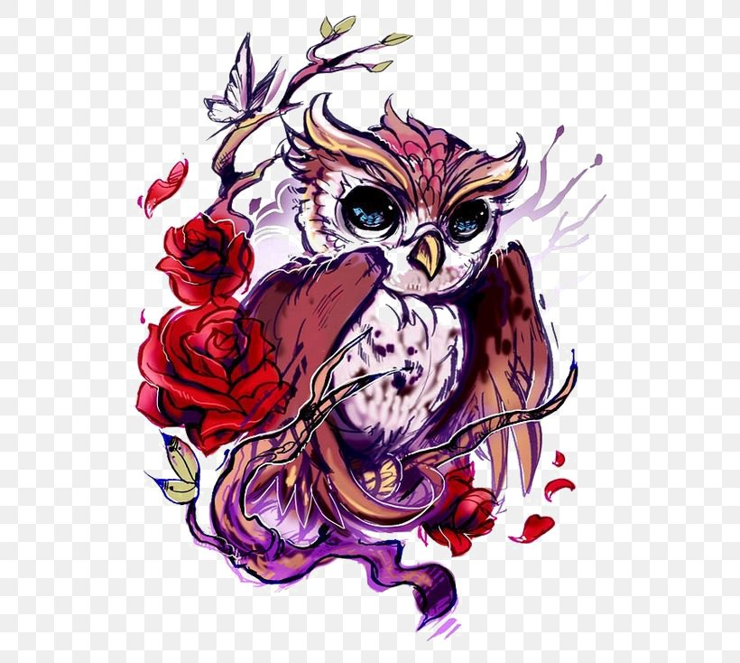 Owl Tattoo Artist Rose Flash, PNG, 564x734px, Owl, Art, Bird, Bird Of Prey, Blue Rose Download Free