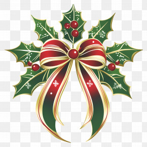 Christmas Ribbon - Christmas Bow With Holly Leaves And Berries PNG