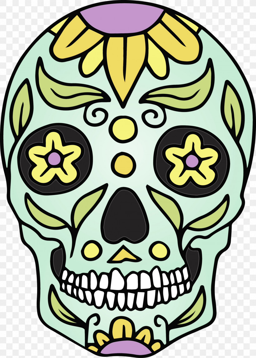 Cartoon Flower Day Of The Dead Yellow, PNG, 2143x3000px, Skull, Cartoon, Cinco De Mayo, Day Of The Dead, Flower Download Free
