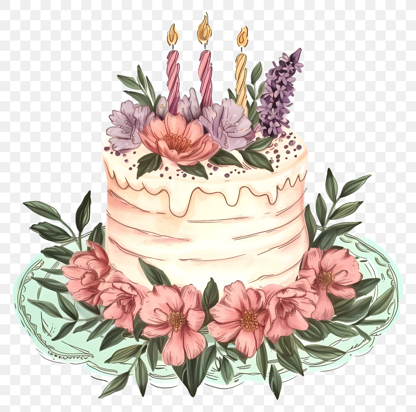 Hand Drawn Birthday Cake And Flowers - Beautiful Floral Birthday Cake With Candles PNG