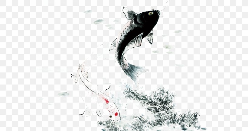Koi China Fish Ink Wash Painting Chinese Painting, PNG, 615x434px, Koi, Art, Black And White, Carp, China Download Free