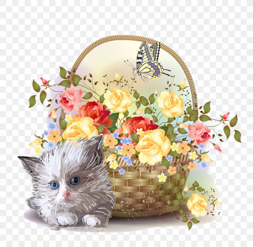 Kitten Flower Basket Clip Art, PNG, 1000x976px, Kitten, Basket, Cat, Cat Like Mammal, Cut Flowers Download Free