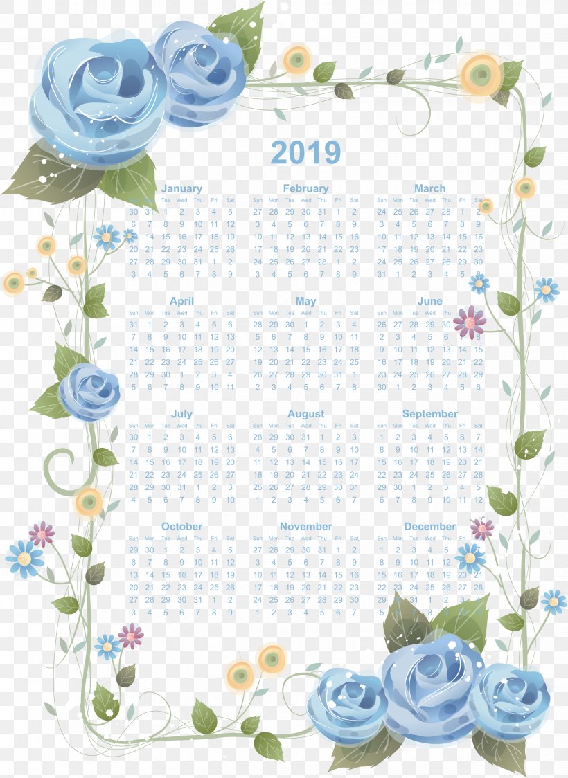 12 Month Calendar 2019 Printable With Flower Board, PNG, 2448x3358px, Paper, Blue, Calendar, Drawing, Flora Download Free