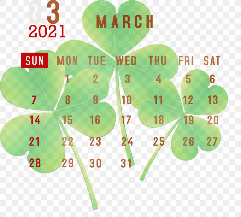 Shamrock, PNG, 3000x2698px, 2021 Calendar, March 2021 Printable Calendar, Biology, Green, Leaf Download Free