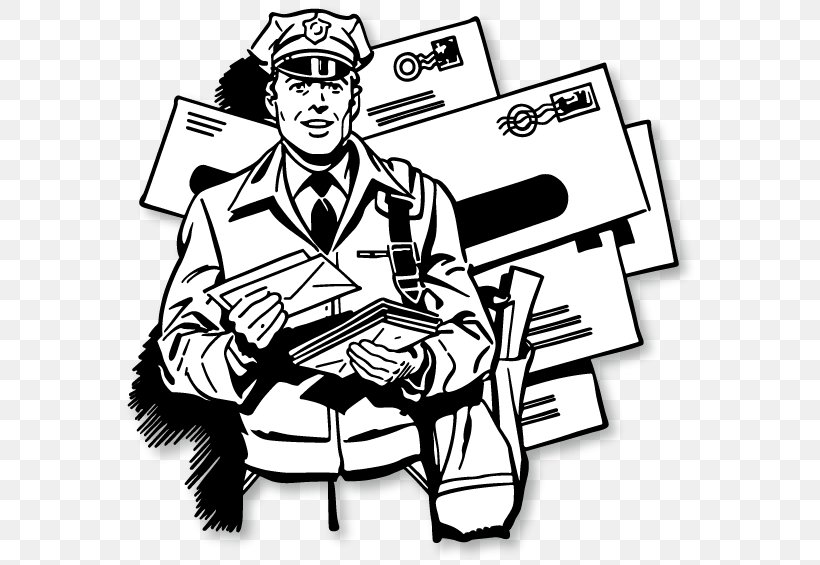Clip Art Vector Graphics Royalty-free Mail Carrier Illustration, PNG, 582x565px, Royaltyfree, Art, Blackandwhite, Cartoon, Drawing Download Free