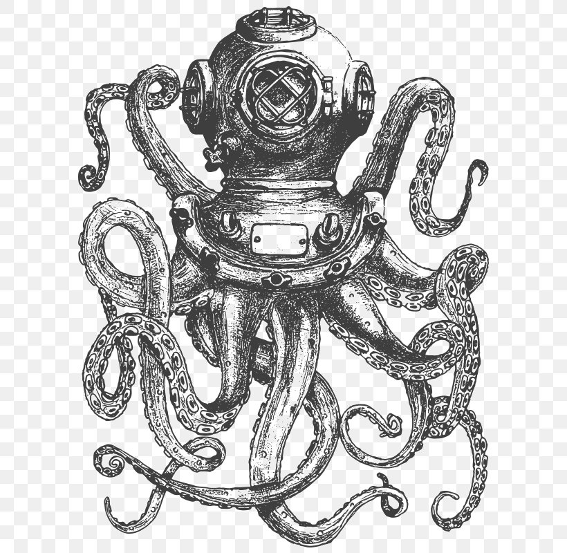 Octopus Diving Helmet Royalty-free, PNG, 800x800px, Octopus, Black And White, Body Jewelry, Cephalopod, Diving Helmet Download Free
