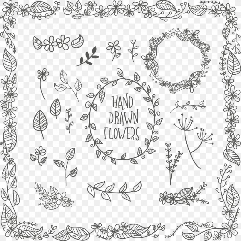Flower Leaf Drawing Euclidean Vector, PNG, 3328x3328px, Flower, Area, Black And White, Border, Calligraphy Download Free